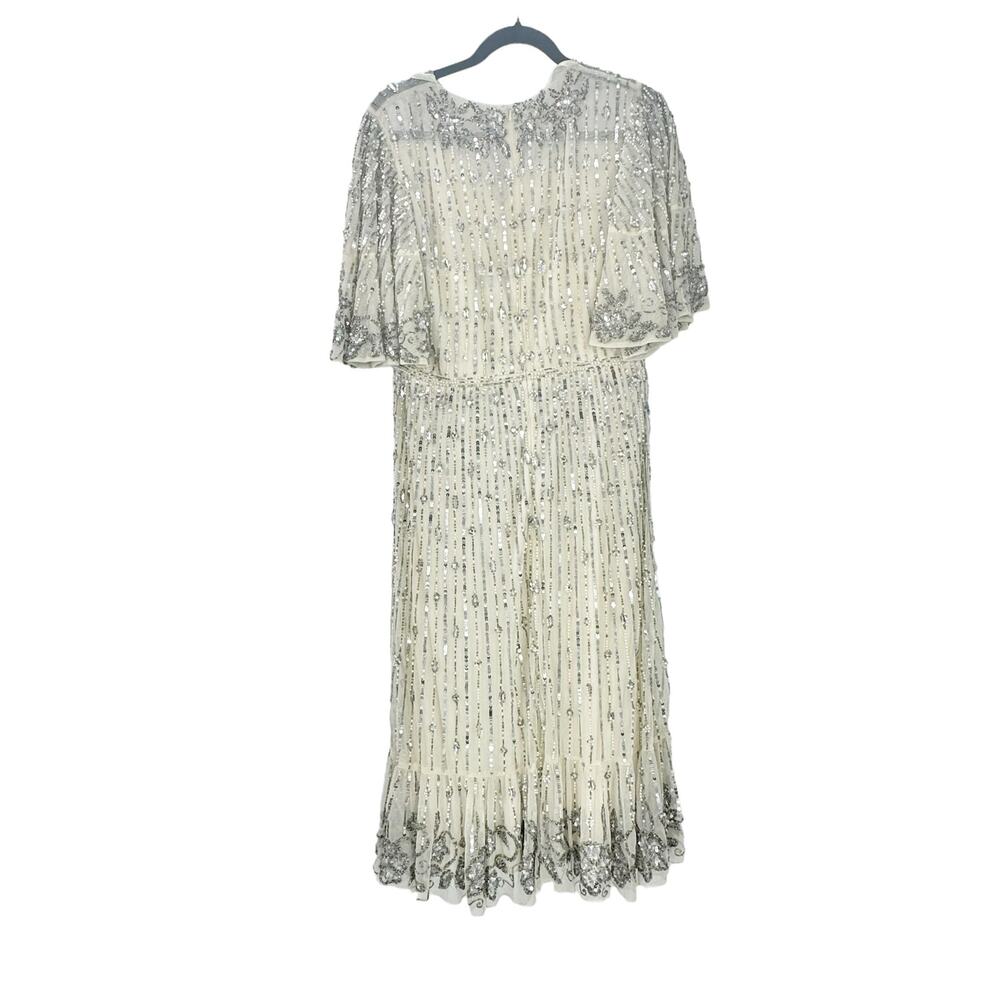 Mac Duggal Women's Nude Silver Sequined Flounce Sleeve Midi Dress Size 6 NWT - Picture 7 of 13